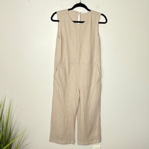 Zara Womens Wide Leg Jumpsuit Sleeveless Tan Pockets Contrast Trim Casual Small‎